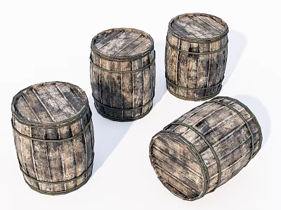 Vintage Wooden Barrel Shaped Decorative Ornament Set With Wood Grain And Metal Hoops 3d model