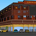 Traditional Commercial Complex Architectural Design With Ground Floor Shops Lantern Decorations And Parking Area