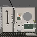 Modern Bathroom Interior Design With Round Mirror Green Cabinet And Glass Shower Partition