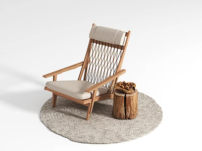 Round Rug Wooden Leisure Chair With Woven Backrest Beige Cushion And Side Stool 3d model