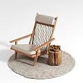 Round Rug Wooden Leisure Chair With Woven Backrest Beige Cushion And Side Stool