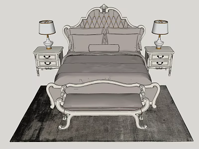 Elegant Double Bed With Carved Headboard Nightstands Table Lamps And Bench On Rug 3d model