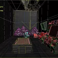 Futuristic Control Room Interior With Textured Black Walls Hanging Rock Structures And Pink Paneled Consoles