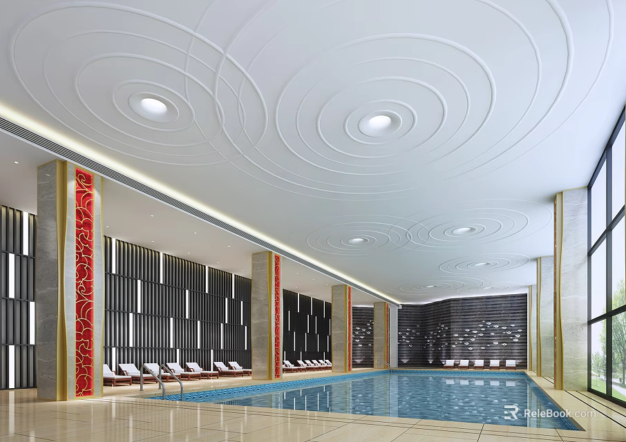 Indoor Swimming Pool With Circular Ceiling Red Columns Lounge Chairs And Large Windows 3d model 
