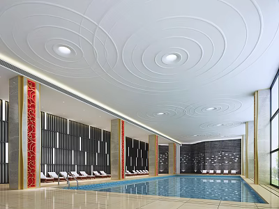Indoor Swimming Pool With Circular Ceiling Red Columns Lounge Chairs And Large Windows 3d model