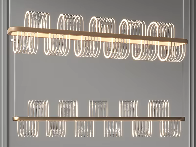 Modern Linear Chandelier with Transparent Ring Structures and Illuminated Metal Frame on Gray Wall 3d model