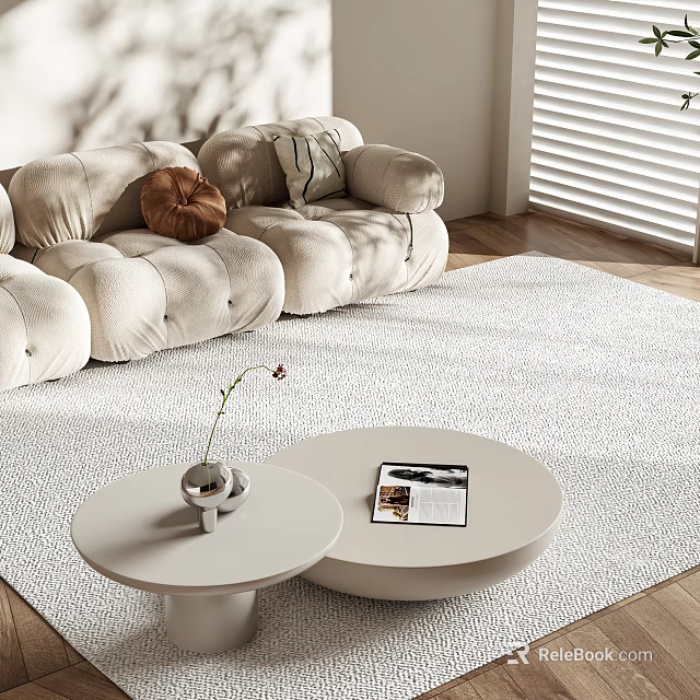 Modern White Round Coffee Tables With Vase And Magazine On Light Rug By Beige Sofa 3d model 