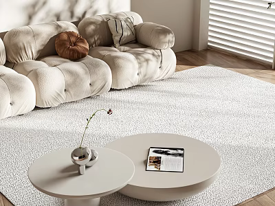 Modern White Round Coffee Tables With Vase And Magazine On Light Rug By Beige Sofa 3d model