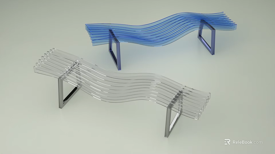 Modern Curved Sculptures With Transparent And Blue Acrylic Design And Metal Bases 3d model 