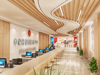 Modern Convenience Service Hall Interior With Service Counters Computers Seats And Green Plants 3d model