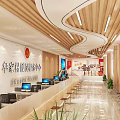 Modern Convenience Service Hall Interior With Service Counters Computers Seats And Green Plants