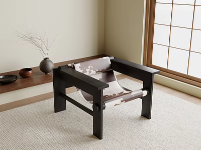 Minimalist Accent Chair With Black Wooden Frame Patterned Fabric Cushion By Window On Carpet 3d model