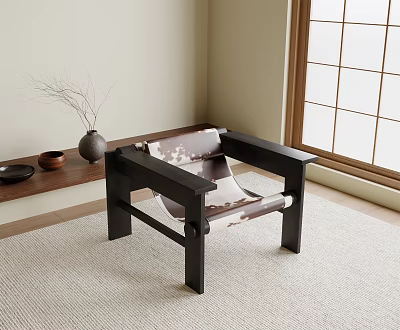 Minimalist Accent Chair With Black Wooden Frame Patterned Fabric Cushion By Window On Carpet 3d model