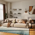 Cozy Beige Sofa Set Interior With Multiple Cushions Bookshelf Fireplace Table Lamp And Rug Plant