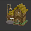 Pixel Style Wooden House With Yellow Roof Balcony Street Lamp And Green Grass