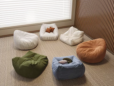 Bean Bags in Various Colors With Roller Blinds Wooden Wall Carpeted Floor and Small Cushion 3d model