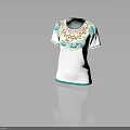 White T Shirt With Colorful Floral Pattern On Collar And Green Trim
