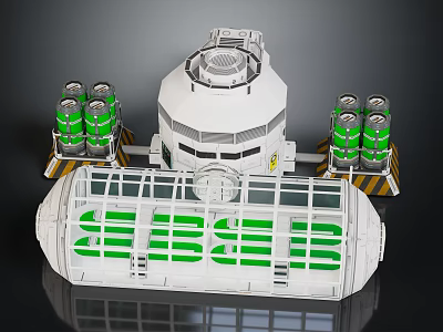 Cartoon Scene Featuring White Building With Green Cylindrical Tanks Circular Top Device And Grid Base 3d model