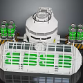 Cartoon Scene Featuring White Building With Green Cylindrical Tanks Circular Top Device And Grid Base