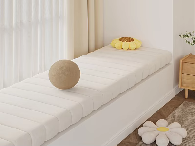 Bay Window With White Cushion Sunflower Pillow Beige Spherical Decor On Wooden Floor 3d model