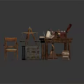 Antique Study Room Setup With Wooden Table Chair Balance Scale Books And Trunk