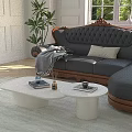 Black Carved Sofa With Wooden Accents And White Round Coffee Table Set With Green Plants
