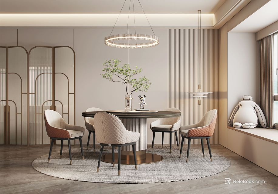 Modern Luxury Restaurant Interior Featuring Round Dining Table Chairs Hanging Light Plant Striped Wall Rug 3d model 