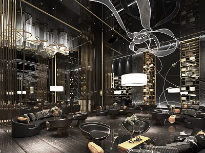 Elegant Modern Lounge Area Interior With Comfortable Sofas Coffee Tables And Decorative Lighting 3d model