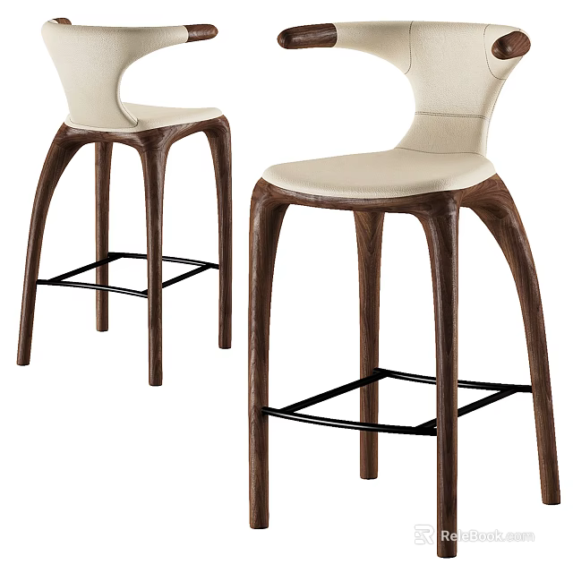 Modern Bar Stools With Wooden Legs Light Beige Upholstered Seats Curved Backrest Design 3d model 