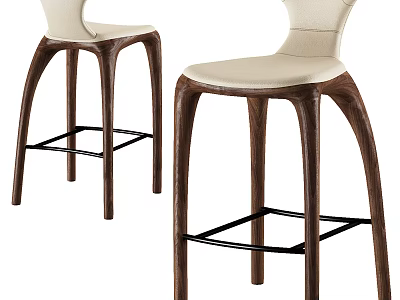 Modern Bar Stools With Wooden Legs Light Beige Upholstered Seats Curved Backrest Design 3d model