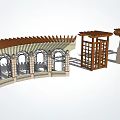 Curved Pergola Design Featuring Wooden Roof Arched Doorways Stone Pillars And Latticed Gate