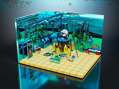 Lego Workspace Interior With Astronaut Figure Equipment Tools Green Pipes And Yellow Tile Floor 3d model