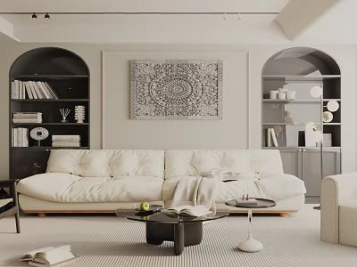 Elegant Living Room Interior Design With White Sofa Arch Bookshelves And Decorative Painting 3d model