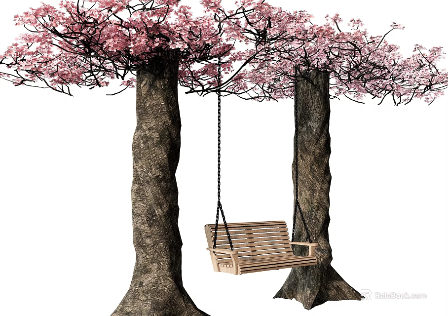 Wooden Swing Play Equipment Hanging Between Cherry Blossom Trees With Pink Flowers 3d model 