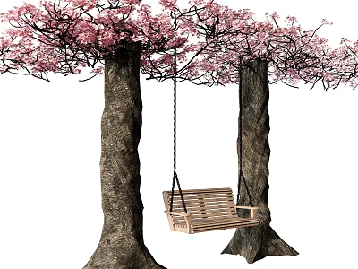 Wooden Swing Play Equipment Hanging Between Cherry Blossom Trees With Pink Flowers 3d model