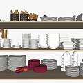 Neatly Arranged Tableware Sets With Plates Bowls Cups On Wooden Kitchen Shelves