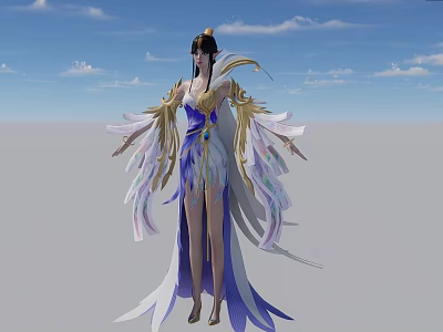 Elegant Woman In Blue Purple Gold Dress With Flowing Sleeves Against Blue Sky White Clouds 3d model