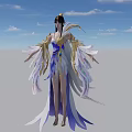 Elegant Woman In Blue Purple Gold Dress With Flowing Sleeves Against Blue Sky White Clouds