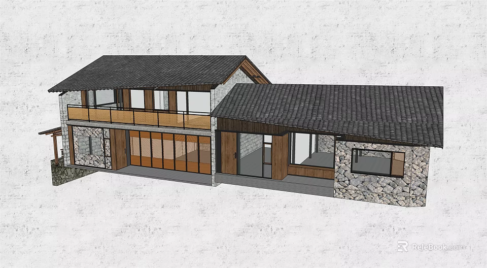 Traditional Country House Exterior With Gray Tiled Roof Wooden Structure And Stone Walls 3d model 