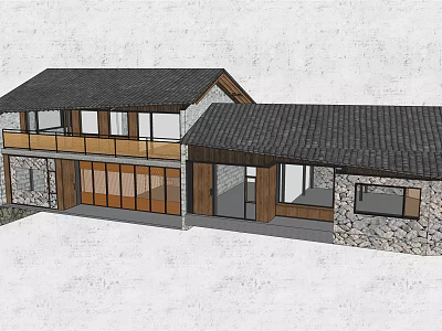 Traditional Country House Exterior With Gray Tiled Roof Wooden Structure And Stone Walls 3d model