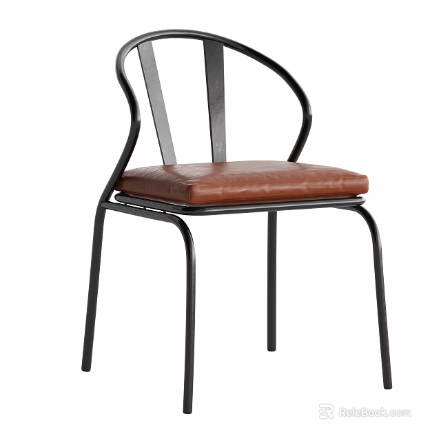 Modern Leisure Chair With Black Metal Frame And Brown Leather Seat 3d model 