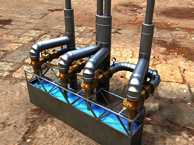 Industrial Factory Facility With Metal Pipes Valves Blue Liquid Container And Stone Floor 3d model