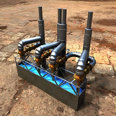 Industrial Factory Facility With Metal Pipes Valves Blue Liquid Container And Stone Floor 3d model