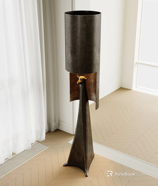 Contemporary Floor Lamp With Dark Fabric Shade And Gold Accent On Herringbone Wooden Floor 3d model 