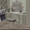 Classic Carved Dressing Table with Round Mirror and Padded Stool in Floral Wallpaper Bedroom
