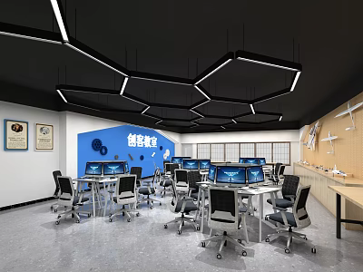 Modern Public Office Space Interior With Computers Desks Chairs And Geometric Ceiling Lighting 3d model