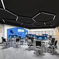 Modern Public Office Space Interior With Computers Desks Chairs And Geometric Ceiling Lighting 3d model