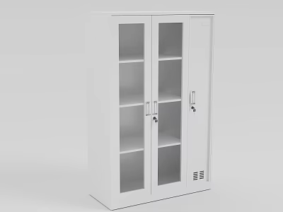 White Metal File Cabinet With Glass Doors Lockable Handles Storage Shelves And Ventilation Vents 3d model