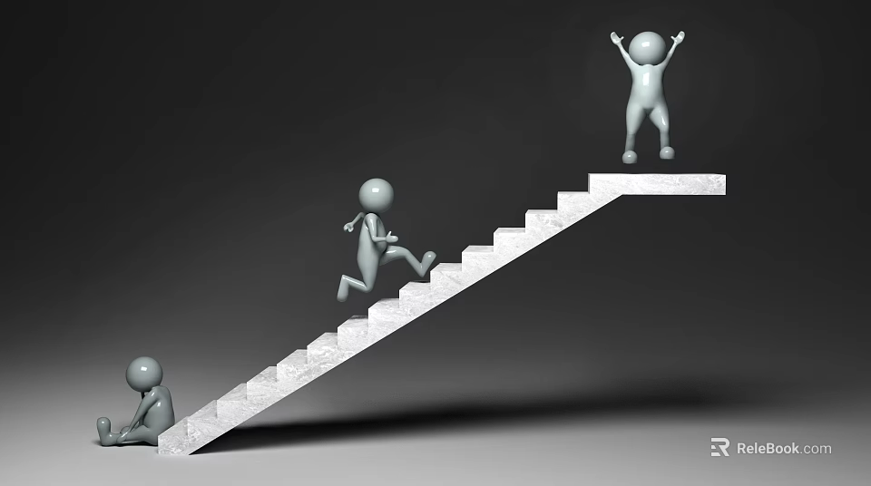 Three Gray 3D Figures On Staircase Sitting Climbing And Raising Arms At Top 3d model 