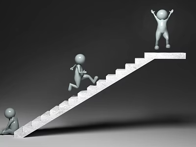 Three Gray 3D Figures On Staircase Sitting Climbing And Raising Arms At Top 3d model